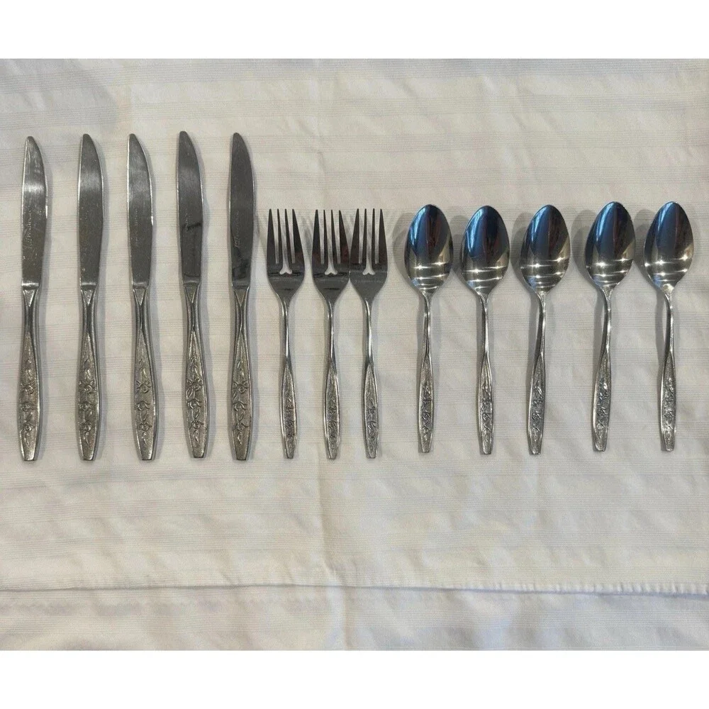 Ekco Eterna Rose Cotillion Stainless Flatware Knife Fork Spoon 13 Pieces Vintage